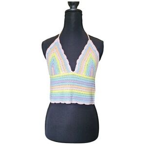 Sincerely Jules Crochet Halter Top Rainbow Pastel‎ Lace Up Back M Boho Festival